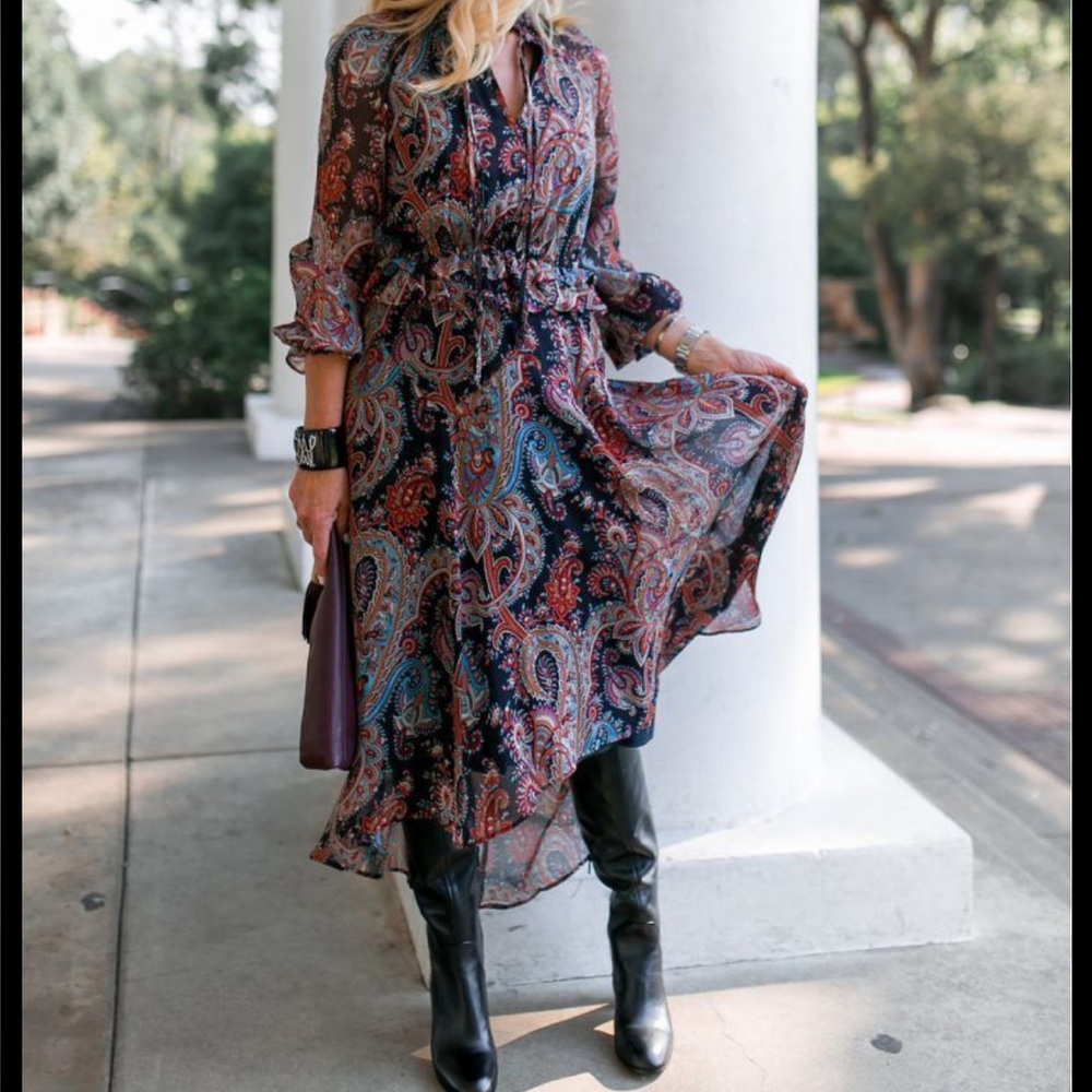 Banana Republic X Olivia Palermo Paisley 100% Silk Dark Boho Midi Dress Witchy - Picture 2 of 13